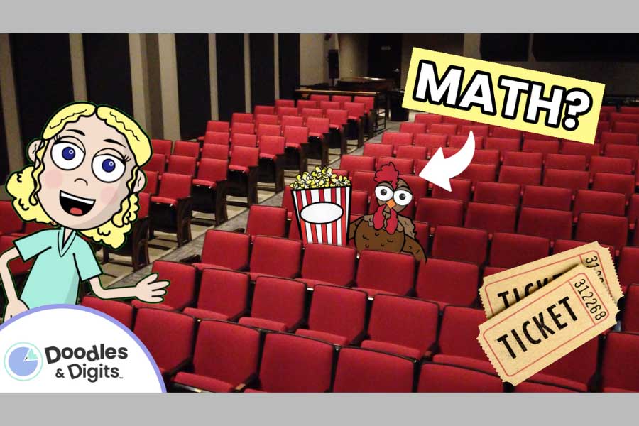 Cartoon girl and chicken in a theater; chicken holds popcorn with “MATH?” above. Logo in bottom left says Doodles and Digits.