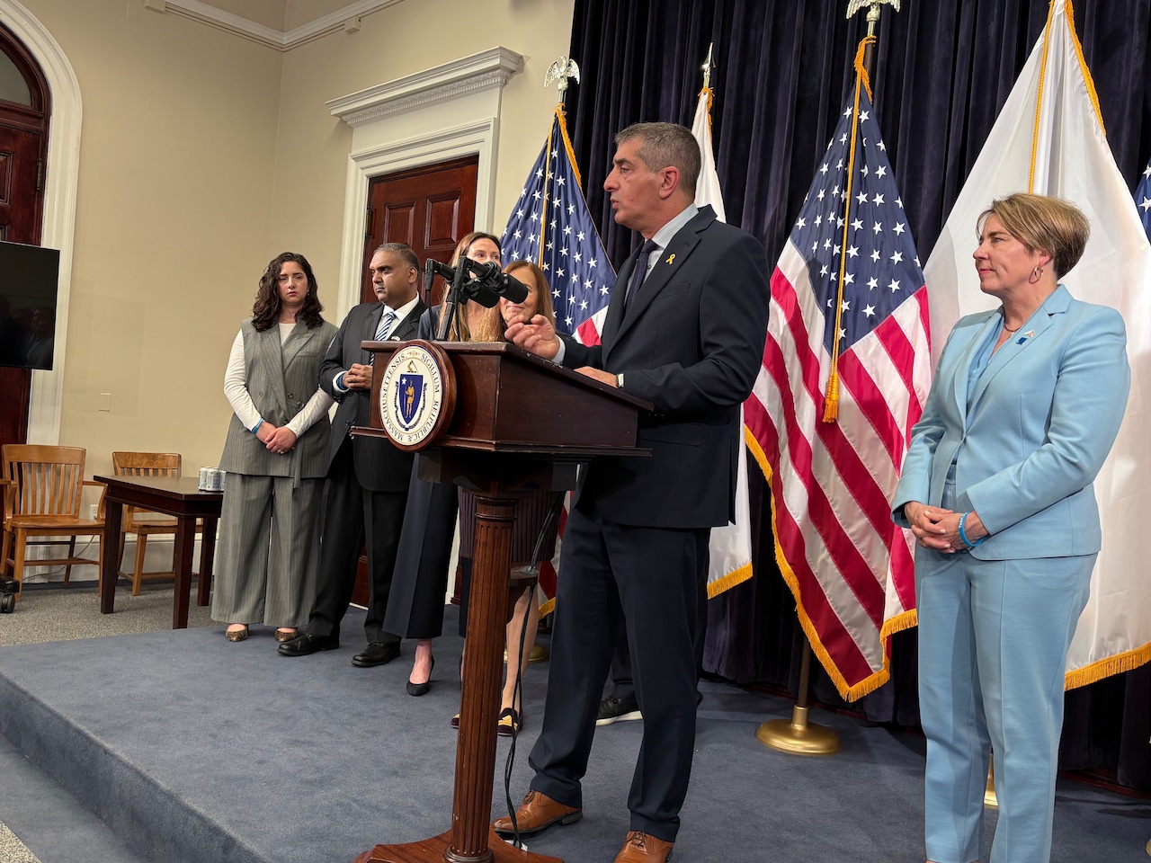 Yitshak Kreiss, director general of Sheba Medical Center, speaks during a news conference at the State House in Boston, Mass., on Tuesday, May 6, 2025.
