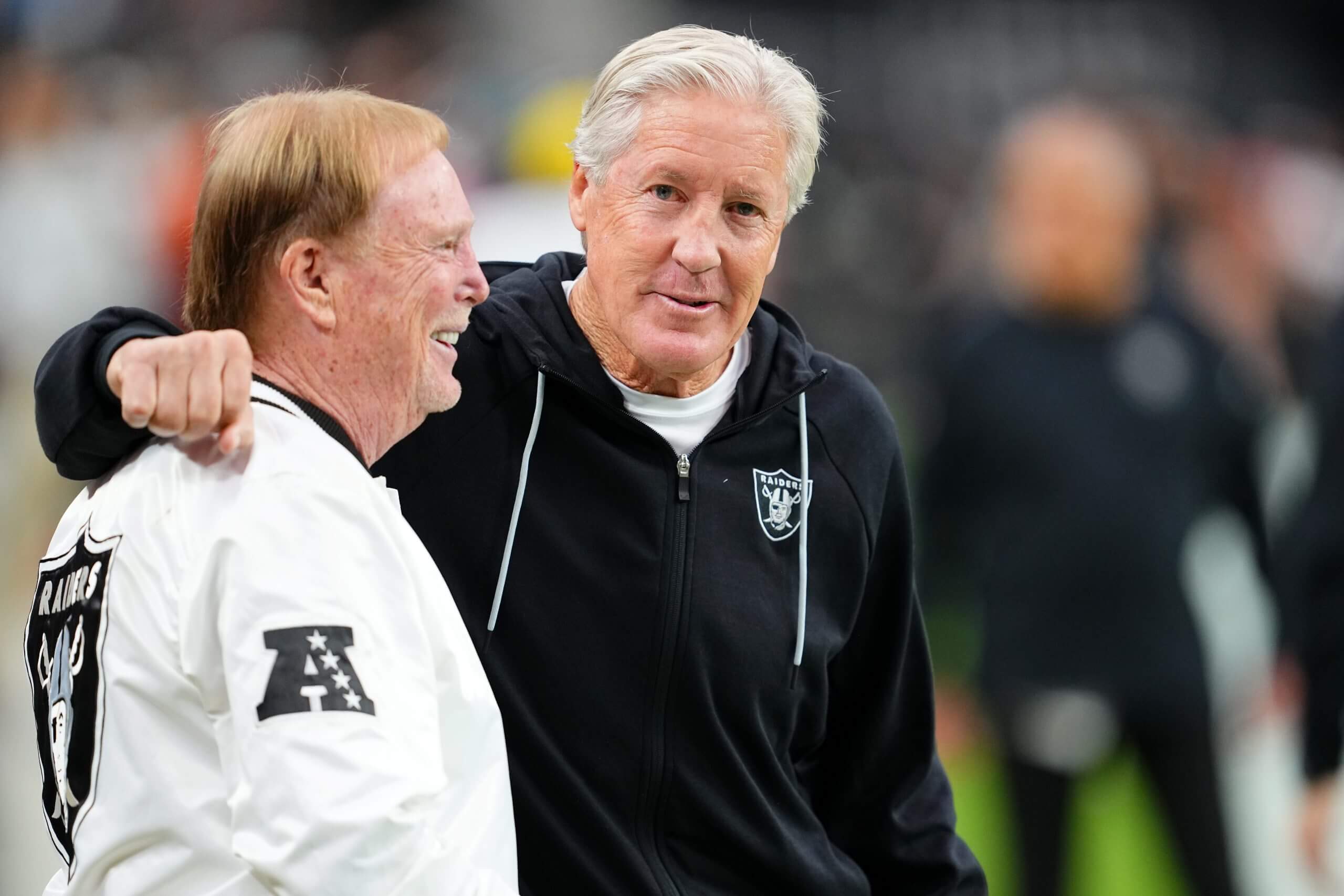 Raiders owner Mark Davis and head coach Pete Carroll before an early-season game.