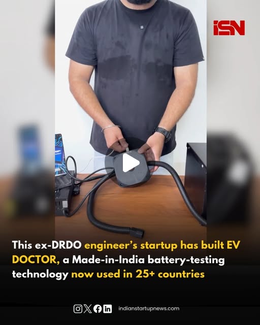 Indian Startup News on Instagram: "EV owners often worry about one thing, "battery life". When the battery fails, it’s not only expensive but hard to know why it happened. A young Indian startup called EV Doctor wants to change that.

In an exclusive interaction with IndianStartupNews, Its founder Ajay Vashisht demonstrated a device that is no bigger than your palm. You connect it to your EV battery, turn it on with a small red button, pair it with an Android app, and within fifteen minutes it tells you how healthy your battery is. 

The device uses simple steps: first the battery, then the device, and finally the charger.

While the test runs, it measures voltage, current, and resistance, then sends the data to the cloud. There, advanced software analyses how the battery behaves under load and calculates its state of health, safety, and performance.

For workshops, fleet owners, or anyone curious about their EV’s battery, this small gadget could save hours of testing. The startup said its “flash test” gives quick results, while a “full mode test” offers deeper insight.

#startup #battery #EV #innovation #madeinindia #indianstartupnews"