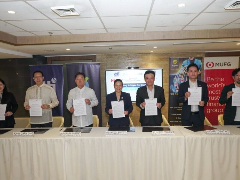 Palida Artispong, acting managing director, Krungsri Finnovate Co. Ltd.; John Cary L. Ong, EVP and wholesale banking segment head, Security Bank; Hirofumi Umeno, board director, EVP and alliance segment head, Security Bank; Nylah Rizza Bautista, Assistant Secretary and supervising head, Department of Trade and Industry-Competitiveness and Innovation Group; Bunsei Okubo, first executive vice president and Japanese corporate banking head, Bank of Ayudhya Public Co. Ltd.; Masami Yoshitake, managing director and country head – Philippines, MUFG Bank Ltd., and Atsushi Ishihara, deputy CEO, MUFG Innovation Partners Co. Ltd., at the MOU signing held at Security Bank Centre in Makati City.| Contributed photo  (Click to view full image)