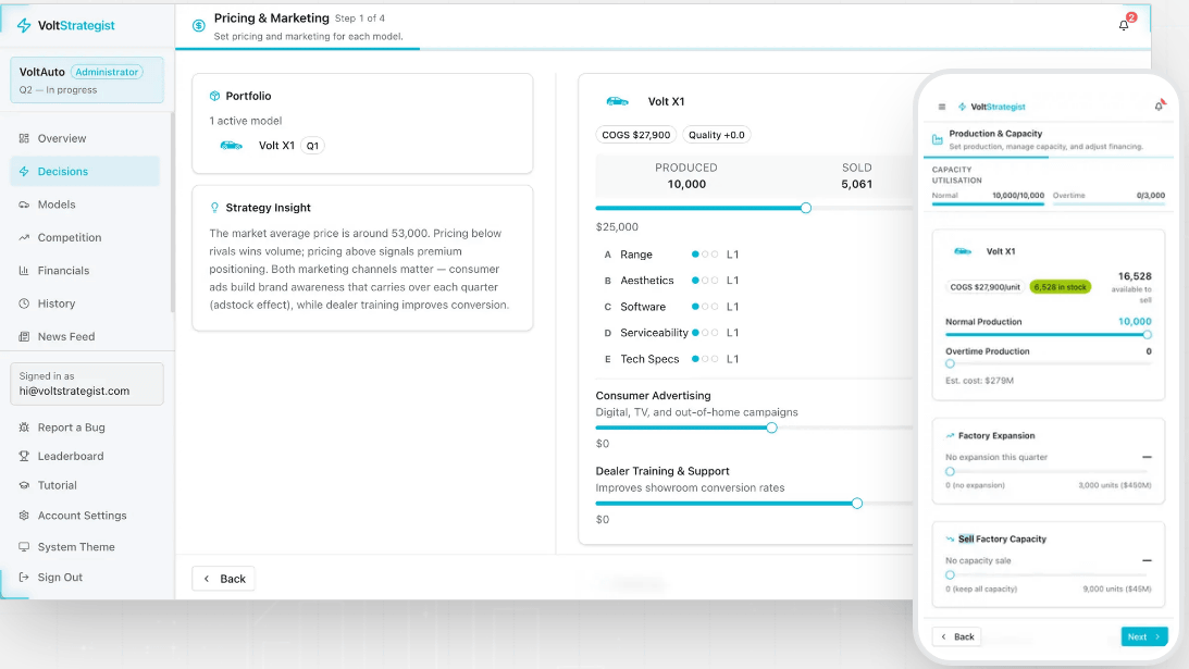 'VoltStrategist' is an incredibly realistic EV business simulation that lets you experience running an electric vehicle startup over 24 quarters, including pricing, production, R&D, and market research.