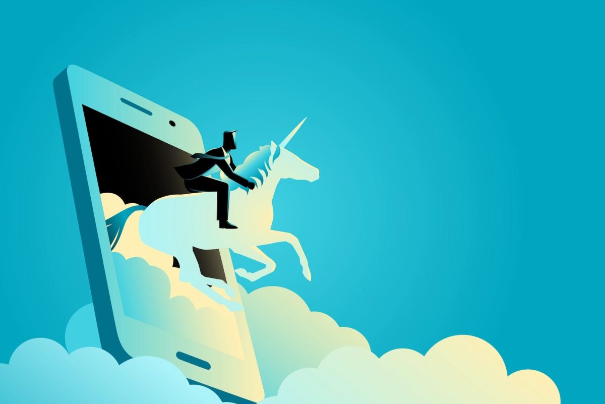 Man riding a unicorn out of a smartphone screen