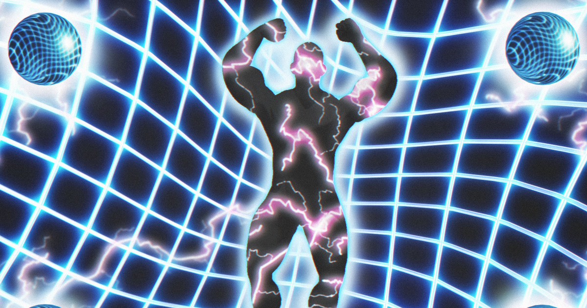A muscular silhouette stands with arms outstretched inside a glowing circle with lightning, surrounded by icons including a syringe, hat, shirt, and various symbols.