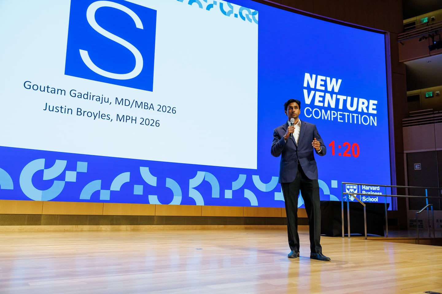 Harvard Business School student Goutam Gadiraju pitched his startup, Serosafe Surgical, at the school's new venture competition.