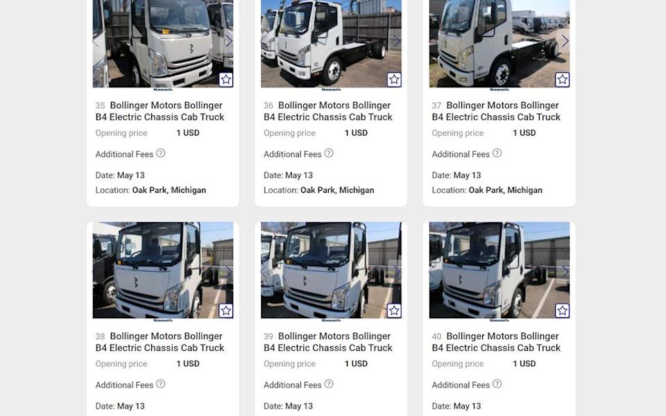 Some of the B4 electric trucks that will be auctioned on May 13.