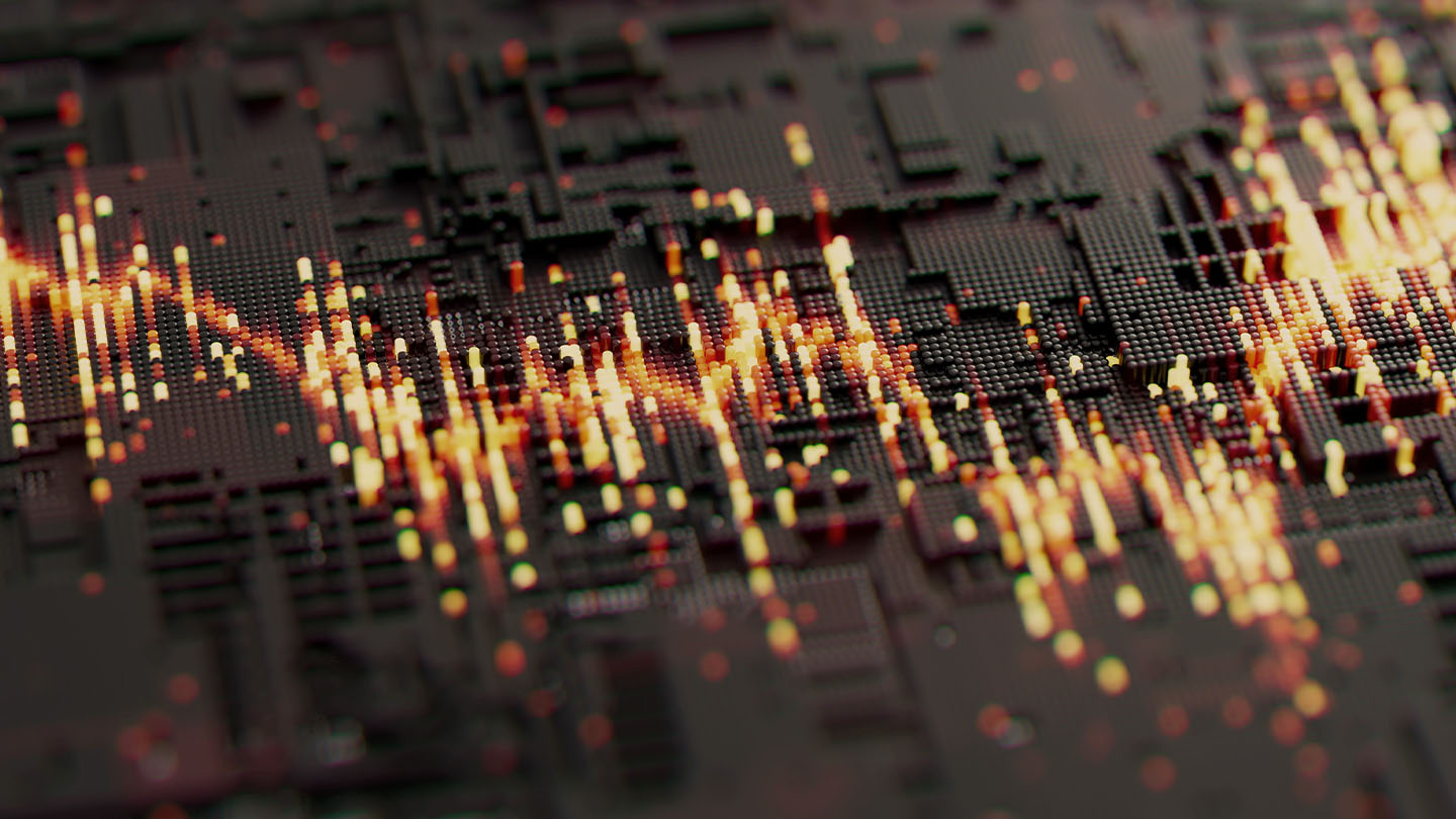 Close-up of a dark circuit-board surface with glowing orange and yellow data-like bars