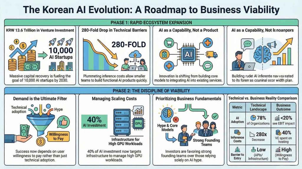 Korea accelerates AI growth, but founders and investors now face a tougher test: real demand, rising costs, and sustainable business models