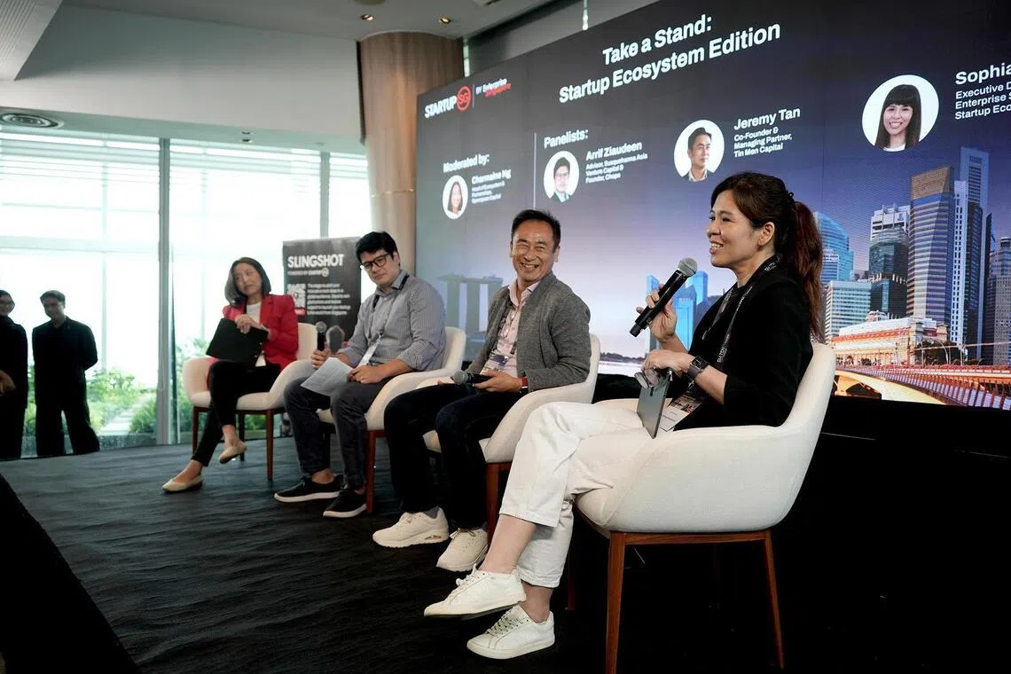 (From left) Openspace head of Ecosystem and Partnerships Charmaine Ng, Chope founder Arrif Ziaudeen, Tin Men Capital co-founder Jeremy Tan and Enterprise Singapore executive director Sophia Ng at the Startups Converge event on May 28.