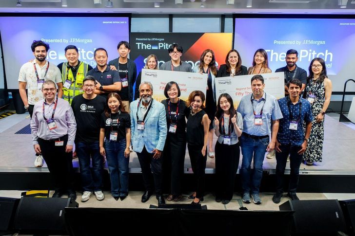 Ten Asia-Pacific winners of The Pitch startup tournament pose during its Asia-Pacific regional event in Singapore, May 12. Courtesy of Deel