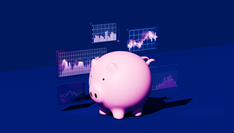 Conceptual image of a pink piggy bank on a dark blue background encircled by various glowing holographic bar graph and line graph displays, symbolizing the integration of big data and financial technology into personal savings. This horizontal composition illustrates the power of analyzing market trends and using a progress indicator to achieve long-term prosperity and investment success. It explores themes of financial literacy and the digital transformation of banking, where augmented reality tools provide a heads up display for monitoring a return on investment. The visual narrative emphasizes the importance of accuracy and business strategy in modern wealth management, showing how digital marketing and information equipment can empower a business person or consumer to make informed decisions for their home finances and future security.