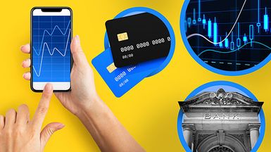 Smartphone with a chart, credit cards, a stock market graphic, and a bank building, illustrating digital financial tools.