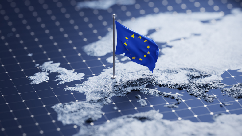 Flag of European Union waving on pole on the 3d topographic map surface and abstract background with a grid