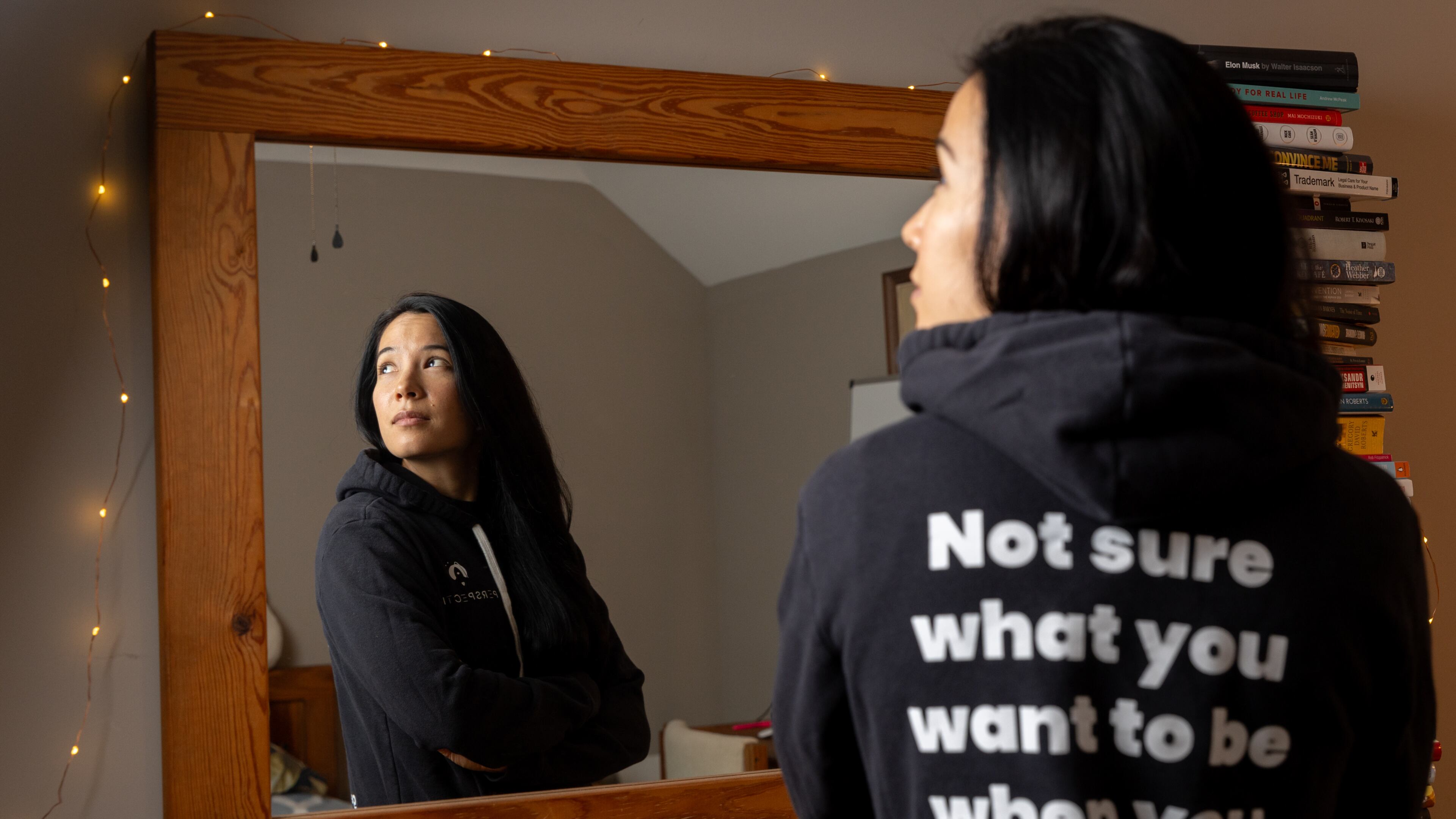 Meagan Skerchock, founder of Perpsectiv, poses for a portrait in her bedroom and office in Senoia on Wednesday, Nov. 13, 2024. (Arvin Temkar/AJC)