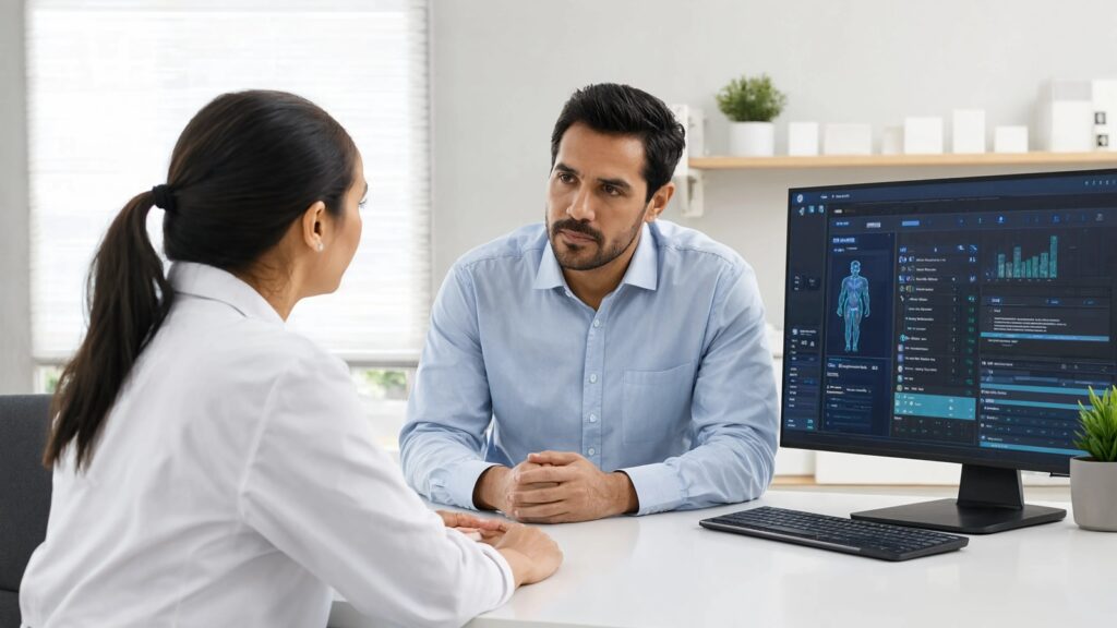 Doctor uses an AI-powered clinical assistant during a patient consultation in a modern hospital.