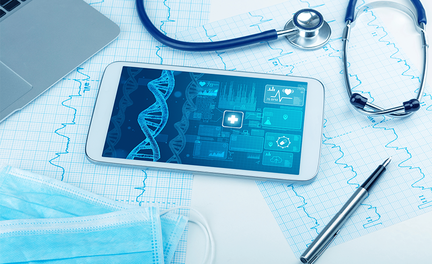 biotech concept with medical technology devices and DNA strand