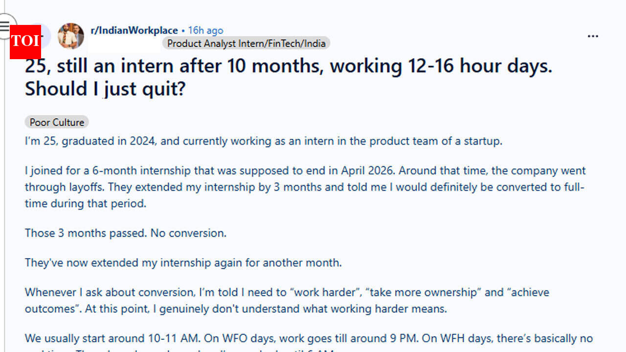'Worked 16 hours a day as an intern, still no full-time job': A 25-year-old's startup story sparks debate