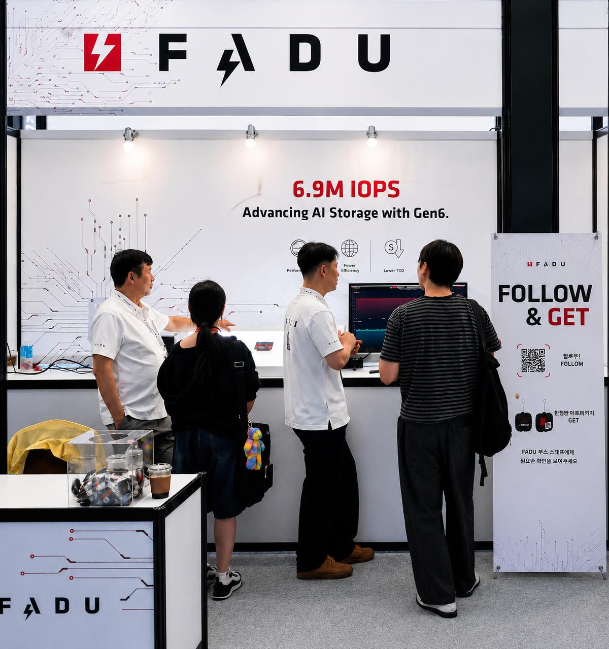 Visitors listen to an explanation of Fadu’s Gen. 6 technology at the 2026 OCP Korea Tech Day at COEX in Seoul, Friday. Courtesy of Fadu
