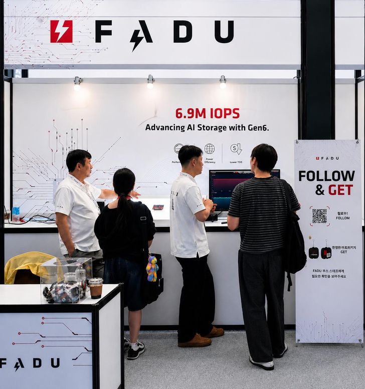 Visitors listen to an explanation of Fadu’s Gen. 6 technology at the 2026 OCP Korea Tech Day at COEX in Seoul, Friday. Courtesy of Fadu