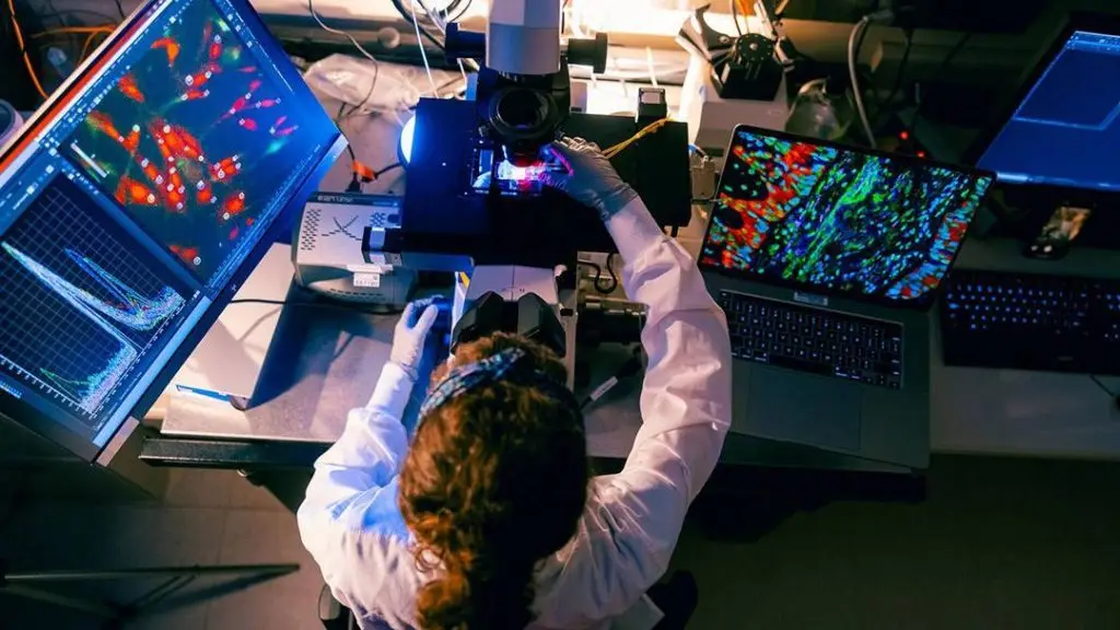 Researcher uses a microscope at a laboratory workstation, surrounded by computer screens displaying colorful microscopic cell images and scientific data visualizations.