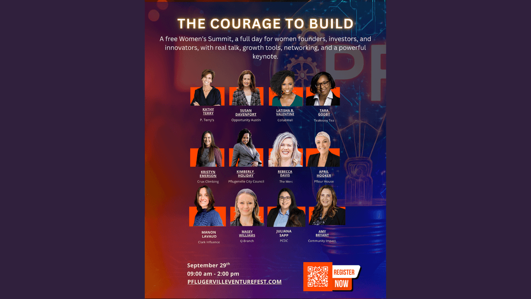 The Courage to Build" Women's Summit flyer, Sept 29, 9am-2pm, with 12 speaker headshots and QR code to register.
