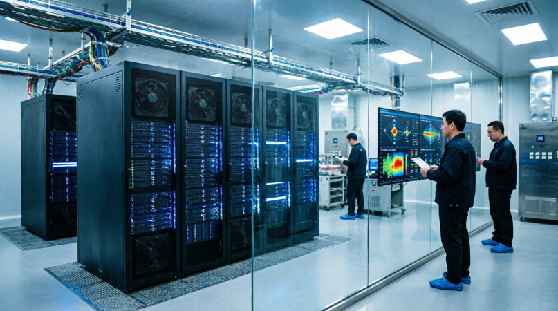Advanced computing servers in a technology research facility as China proposes export controls on AI technologies.