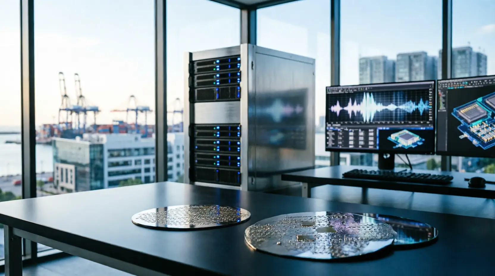Semiconductor wafers and AI computing equipment representing China's proposed export controls on strategic technologies.