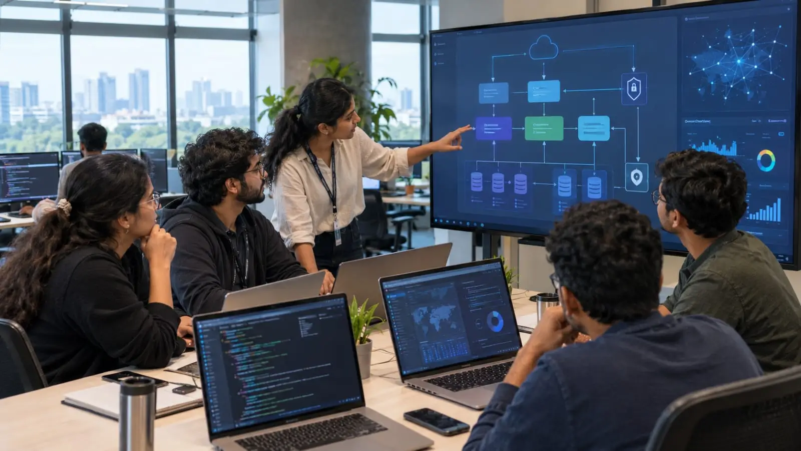 Technology startup founders and engineers collaborate in an innovation workspace on software development and enterprise AI solutions.